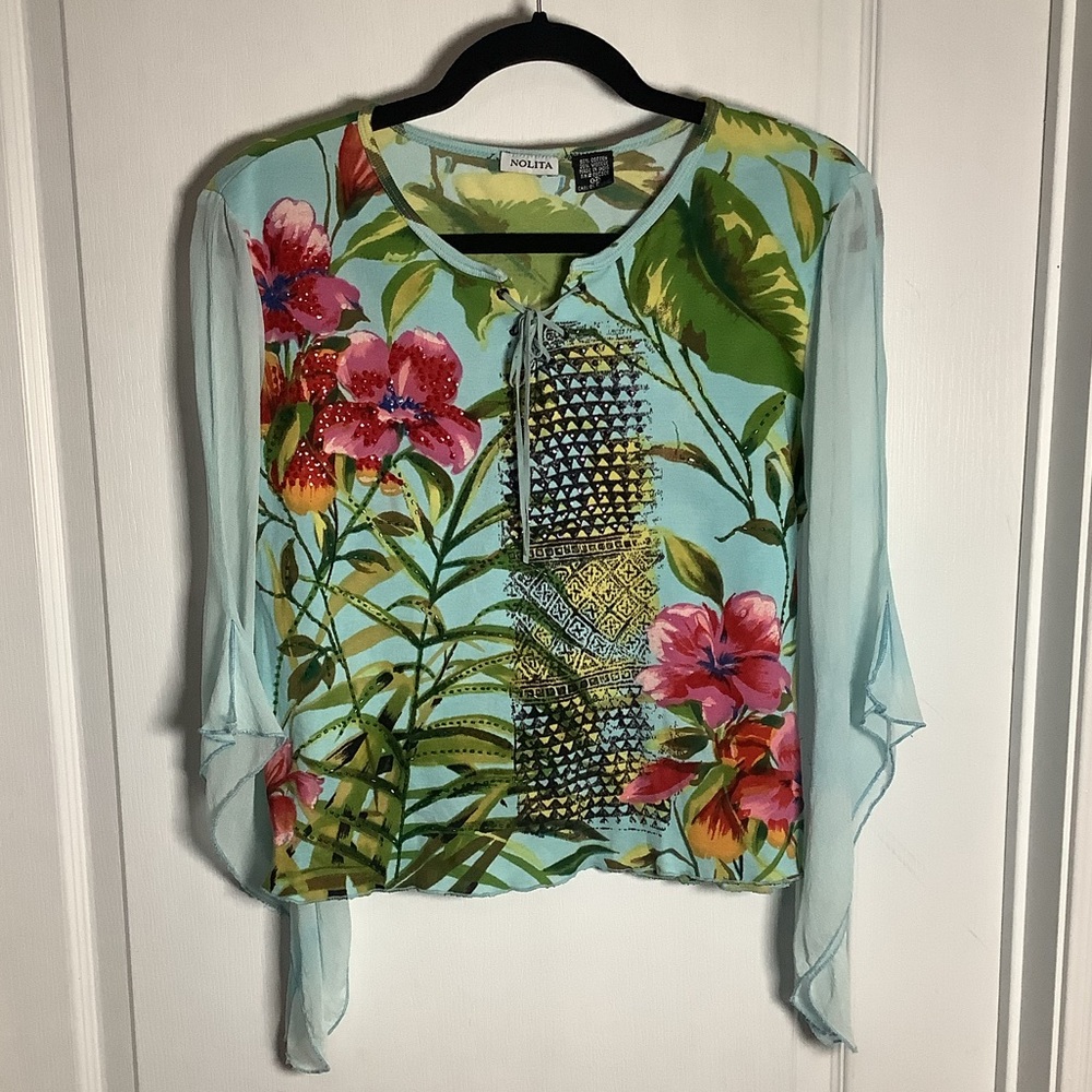 Nolita Vintage Floral Beaded Top with mesh sleeves